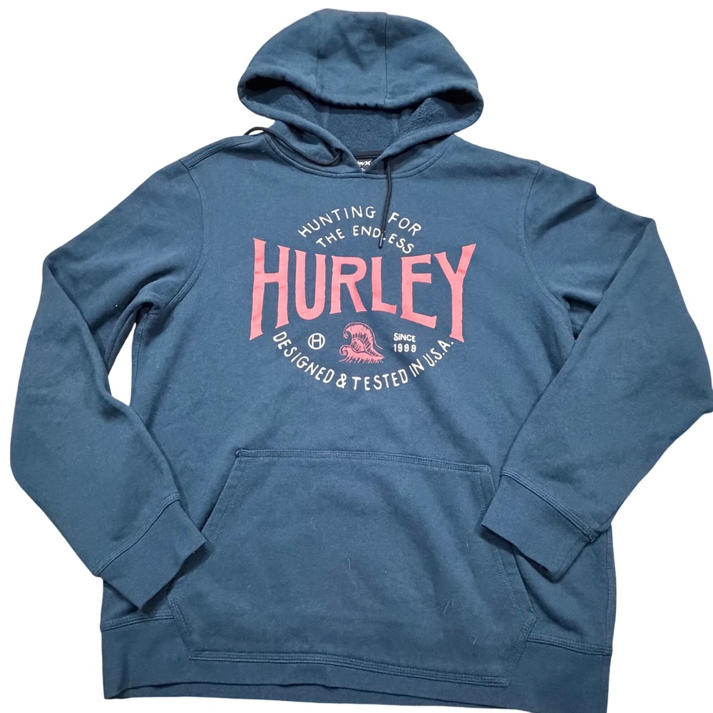 Hurley Mens Graphic Hoodie Blue Pink Logo Fleece Sweatshirt Size M